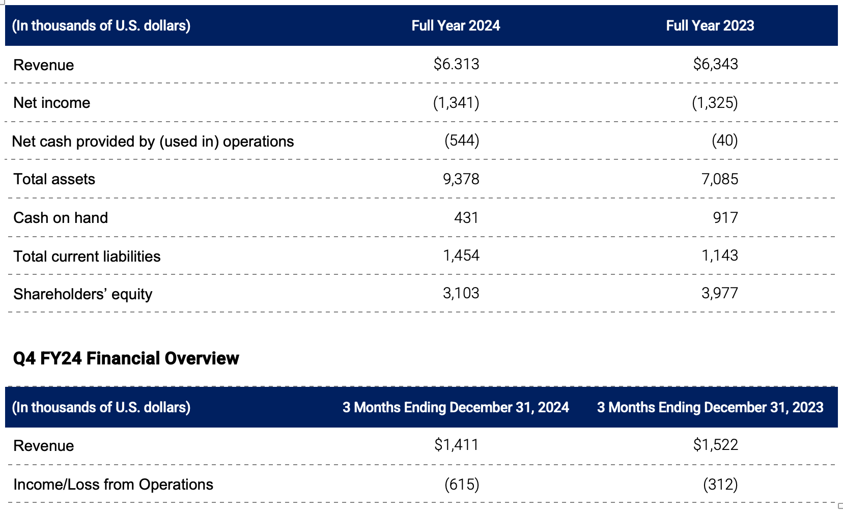 picture of 2024 full year financial earnings table